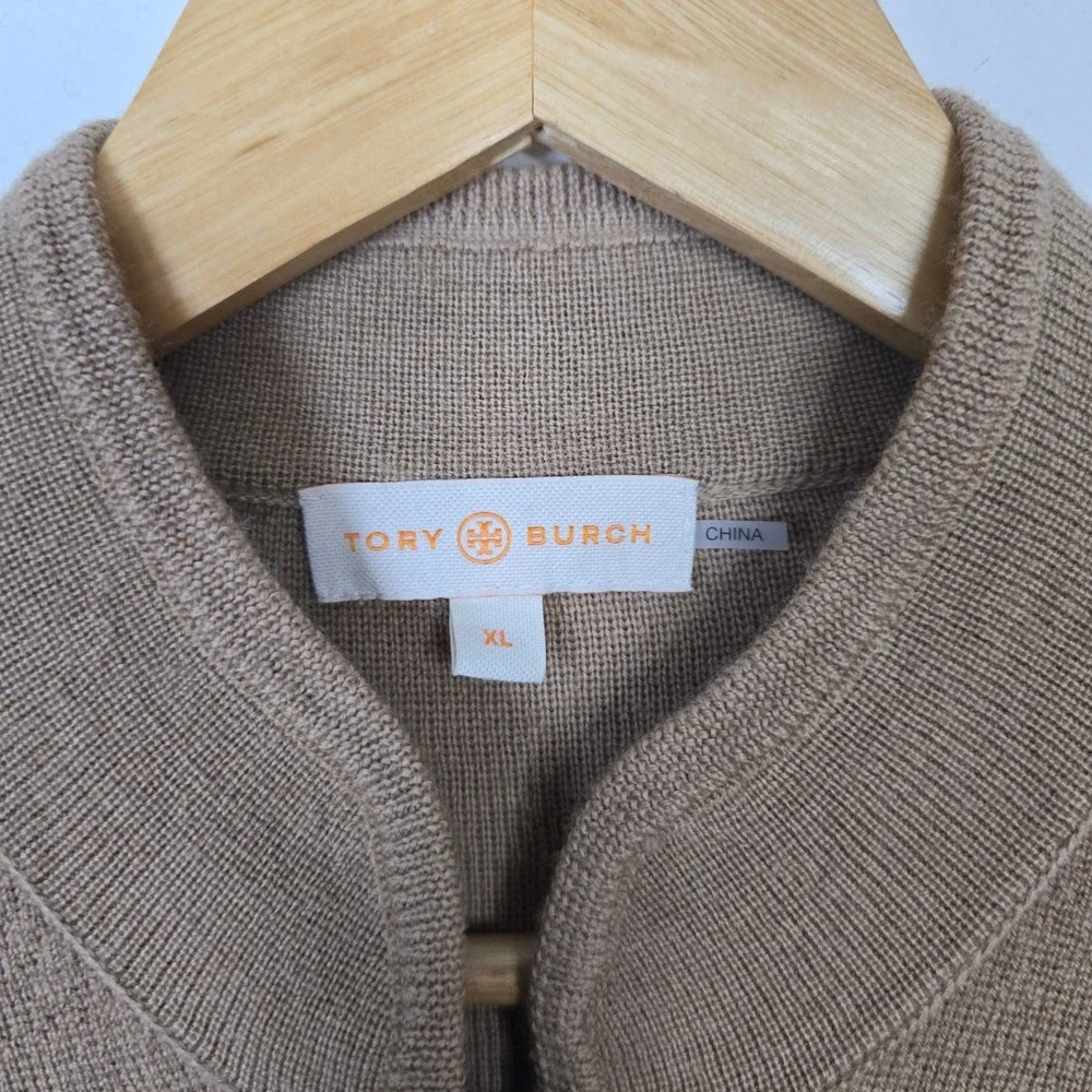Tory Burch Tan 100% Wool Military Cardigan Jacket Gold Logo Buttons XL